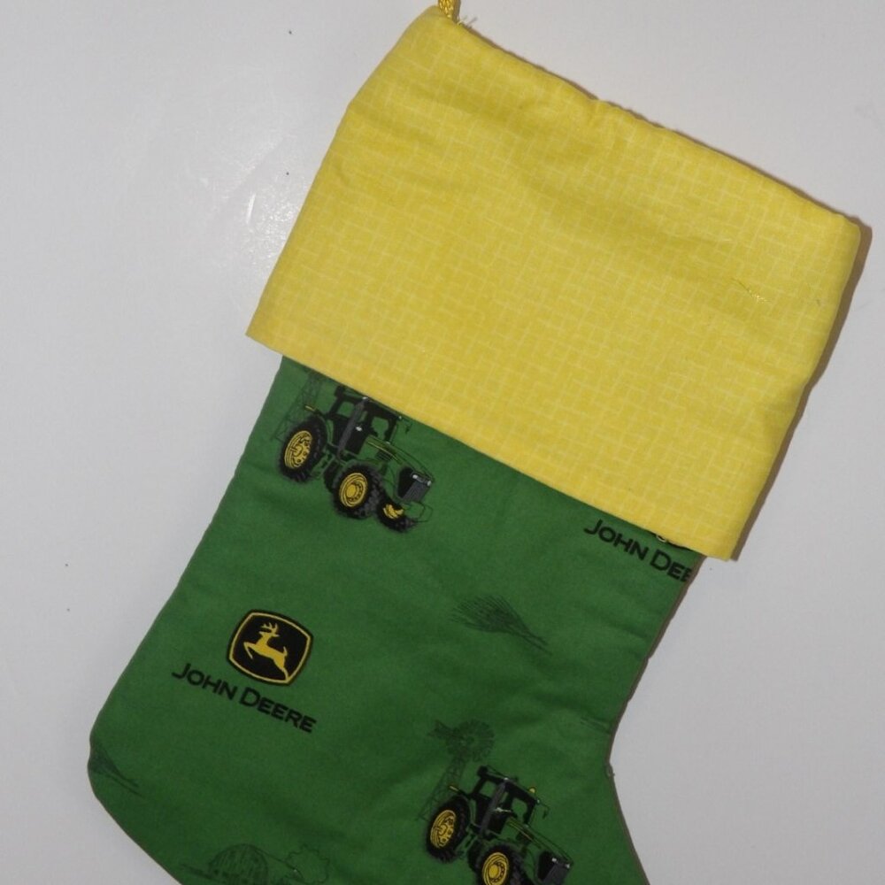 Green Tractors on Green with Yellow Cuff 14" Hand Crafted Christmas Stocking